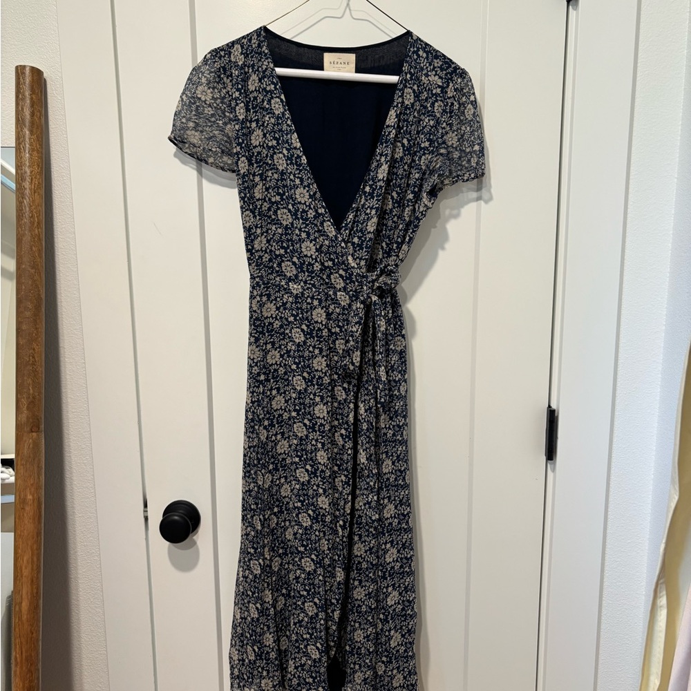 Sezane Navy Floral Wrap Dress 36